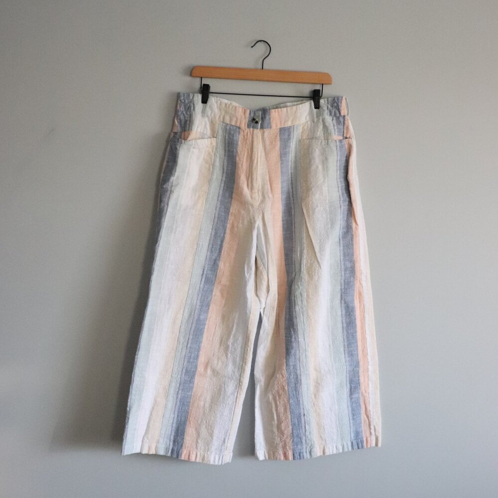 Primark Striped Sz 14 Wide Leg‎ Cropped Pull On Cotton Pants